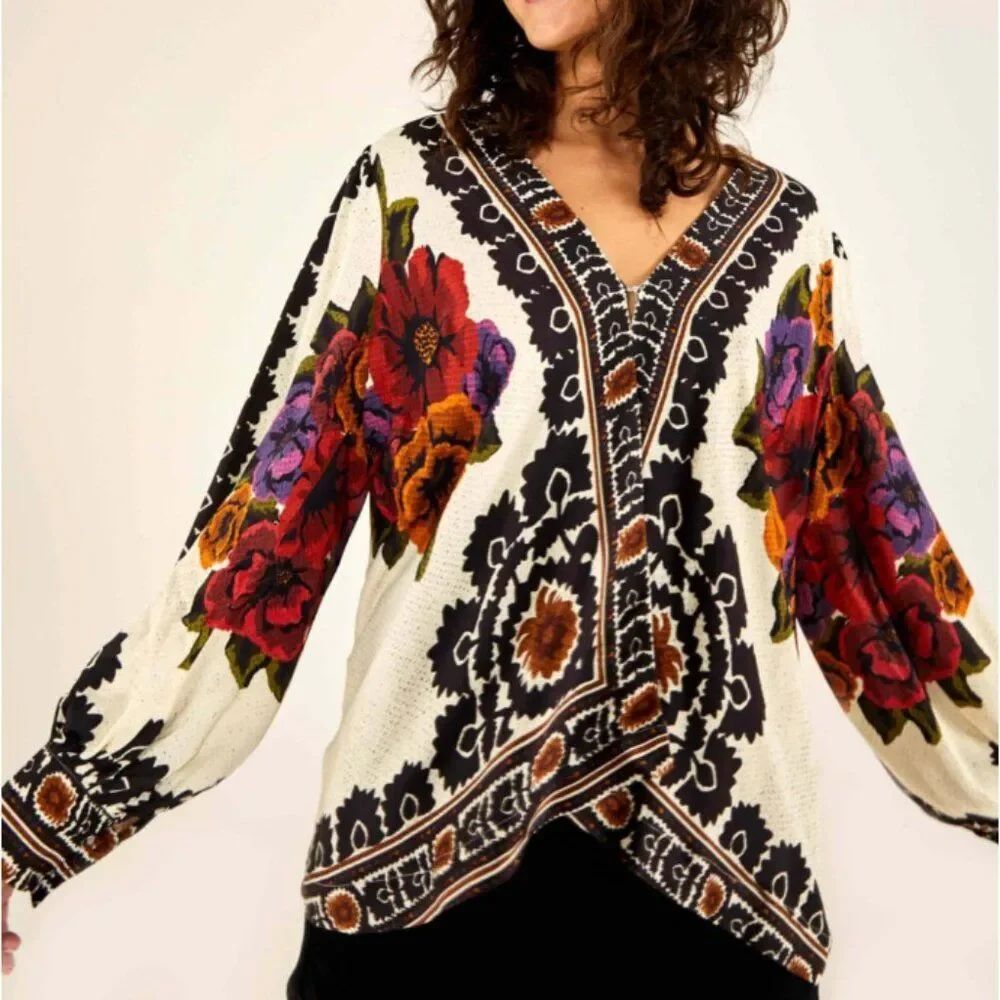 FARM Rio Cream Floral V-Neck Blouse with Red, Purple & Orange Accents